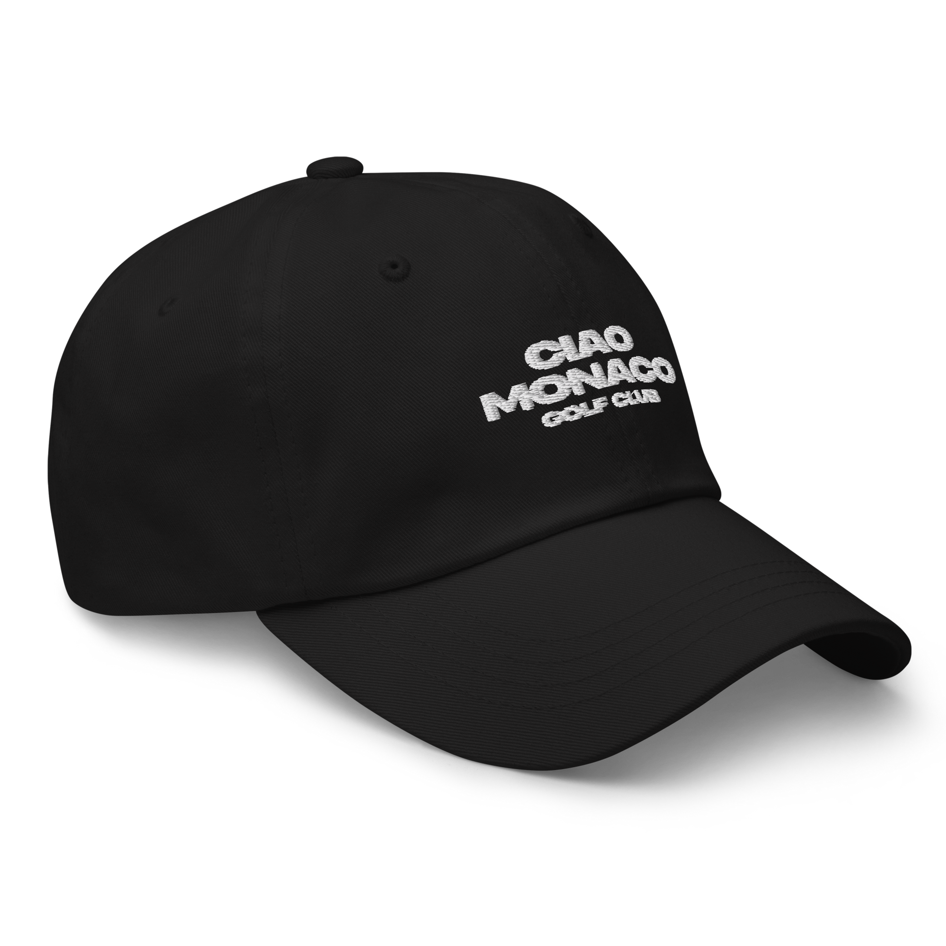 Side profile of black golf cap showing curved brim and white embroidered logo