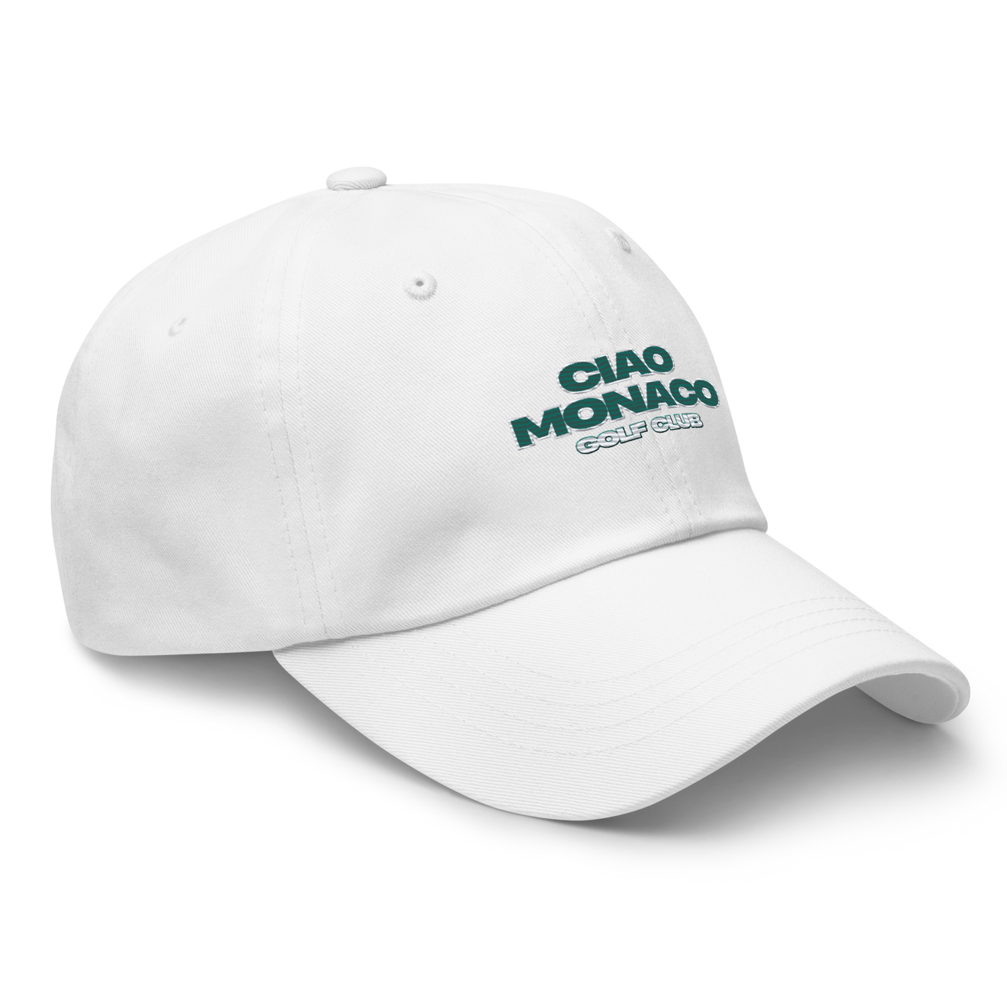 Side profile of white golf cap with curved brim and green embroidery detail