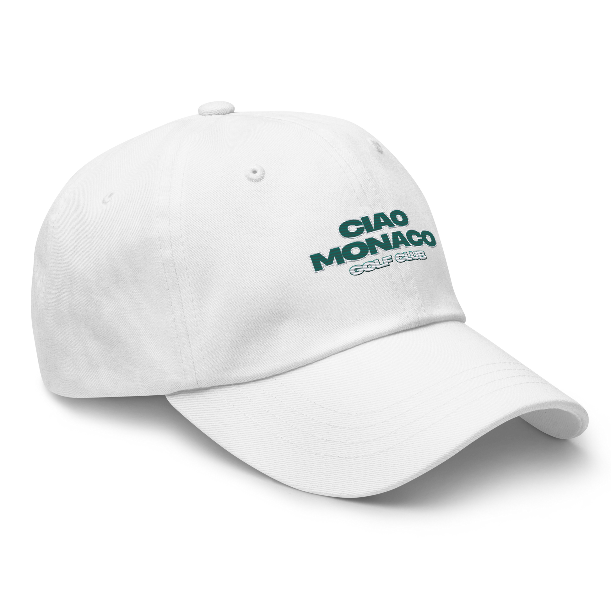 Side profile of white golf cap with curved brim and green embroidery detail